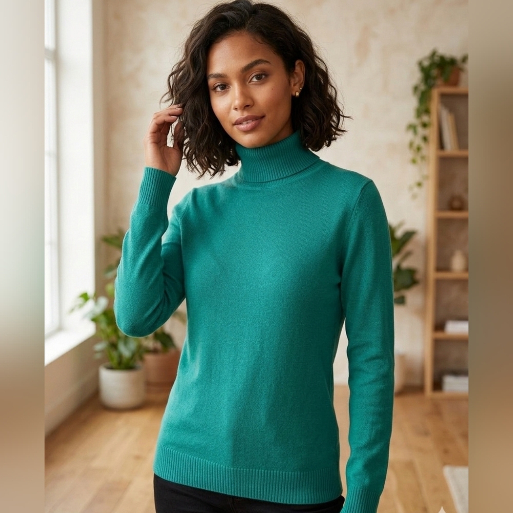Ellen Tracy 100% Extra Fine Merino Wool Capsule Teal Turtleneck Sweater Size L